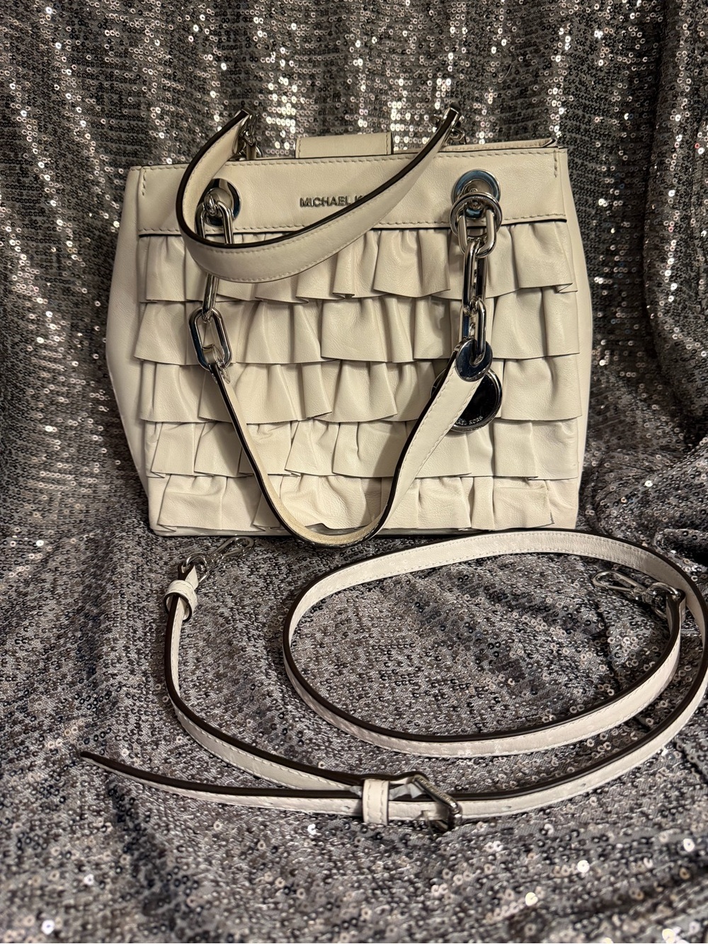 Michael Kors White Ruffle Leather Crossbody Satchel Handbag
